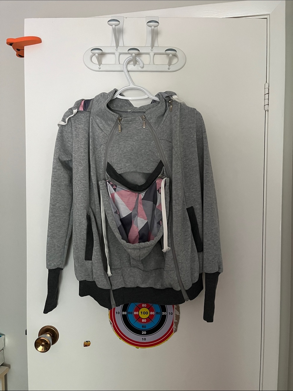 Mom and Baby Grey Hoodie with Pink Geometric Lined Hood for Baby Carriers